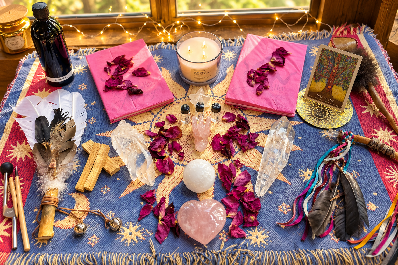 Ceremonial altar with crystals, feathers, candlelight, rose petals and sacred tools