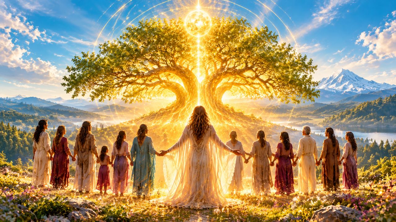 Ancestral family healing beneath a luminous tree