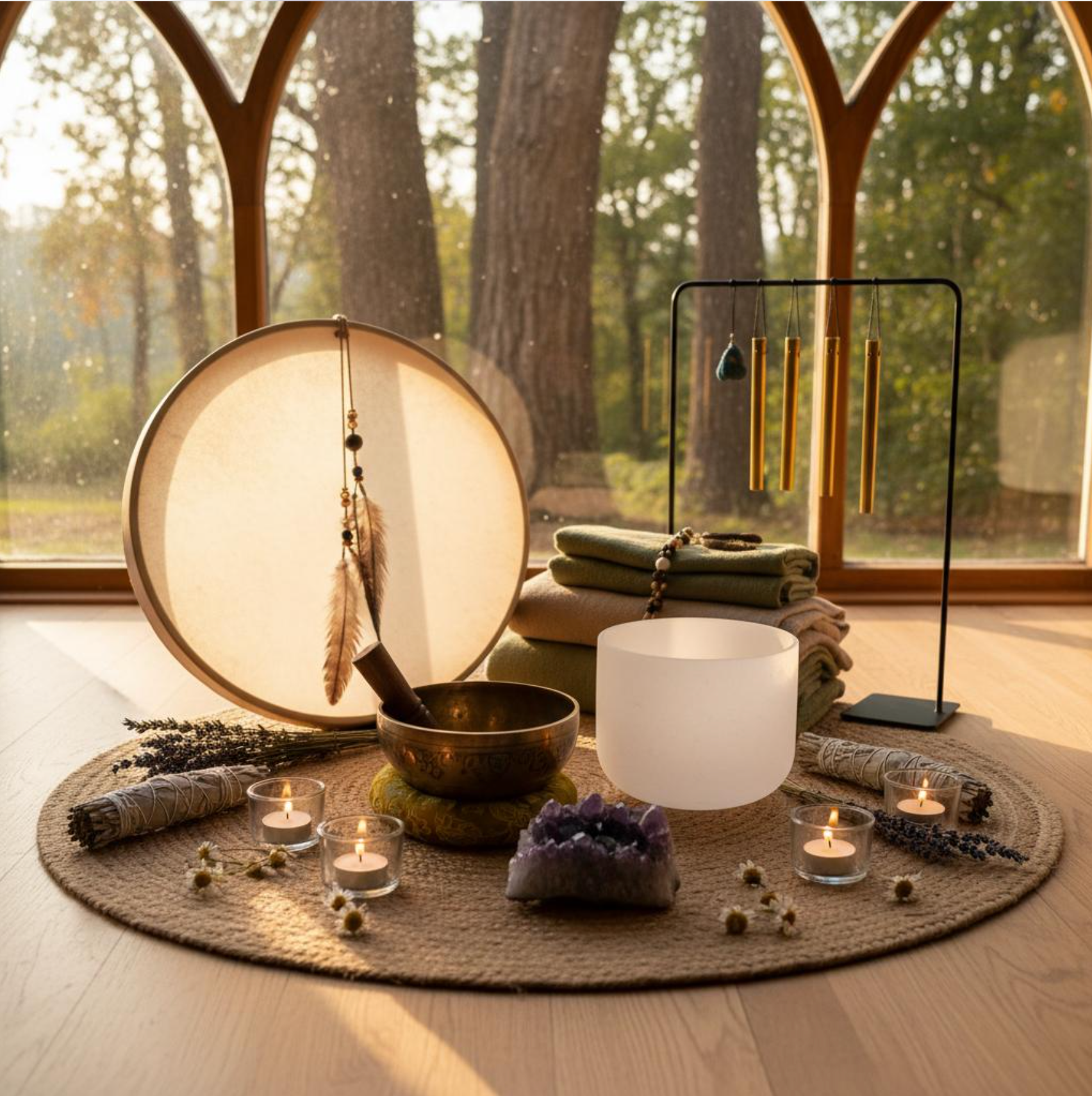 Sacred drum, singing bowls, chimes, crystals and ceremonial instruments